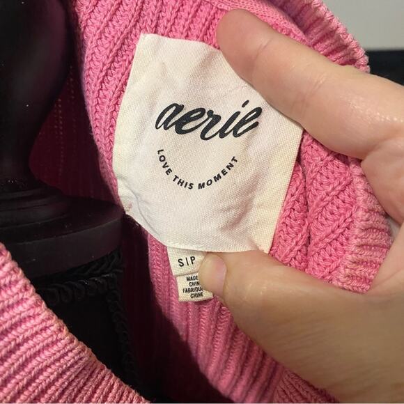 Aerie Pink Crew Neck Sweater with Ribbed Knit small 100% cotton oversized cozy - Picture 8 of 10
